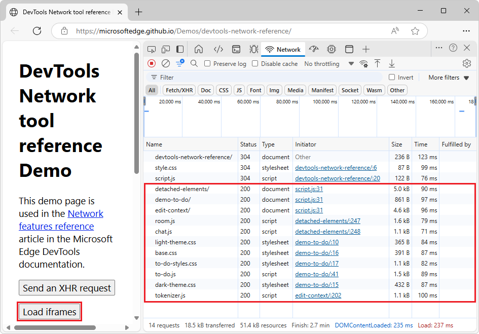 The network request log with requests not grouped