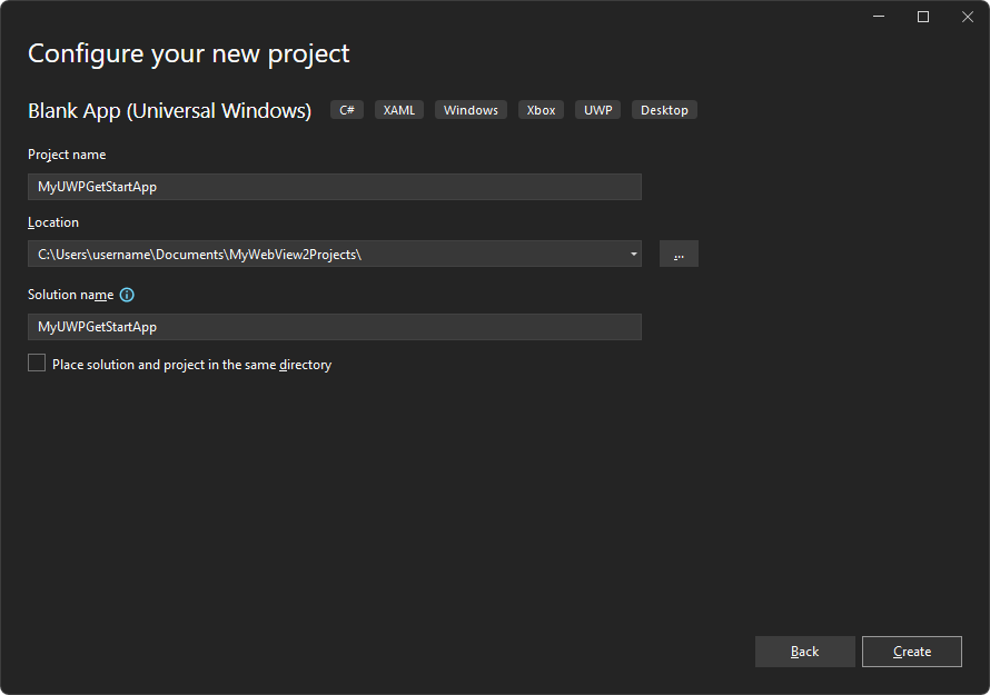 The 'Configure your new project' dialog displays text boxes for a Blank App (Universal Windows)