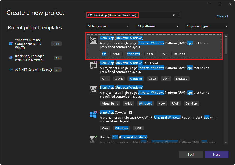 The 'Create a new project' dialog displays the blank app (Universal Windows) card