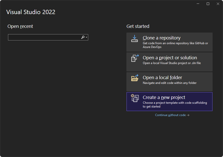 The startup screen of Visual Studio: click the 'Create a new project' card