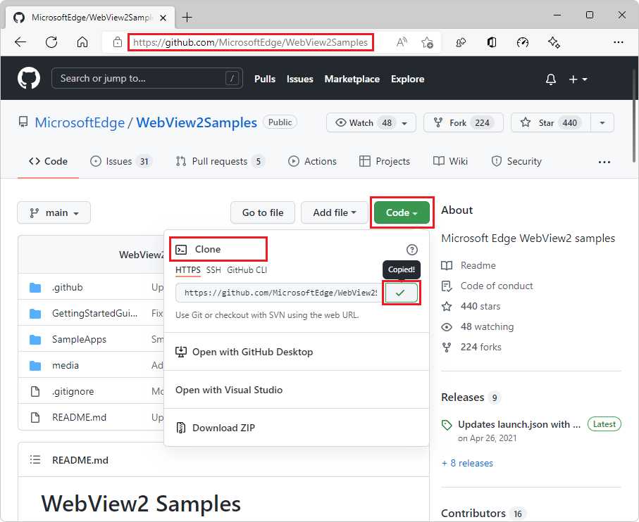 Cloning the WebView2Samples repo
