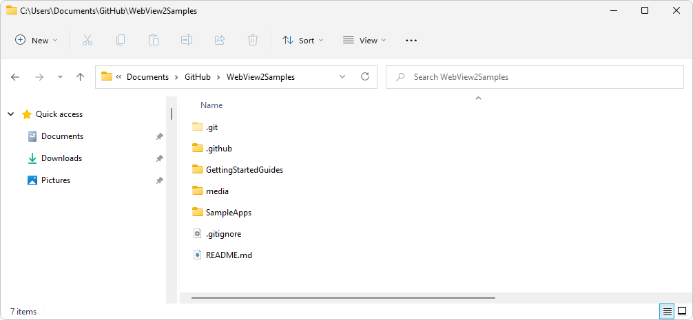 File Explorer showing the directory for the cloned WebView2Samples repo
