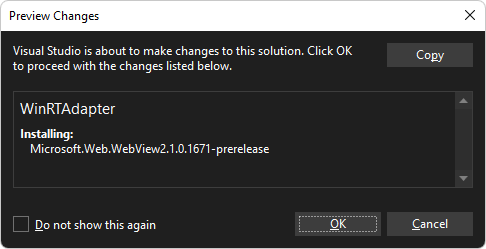 The Preview Changes dialog for adding WebView2 SDK to the WinRTAdapter project