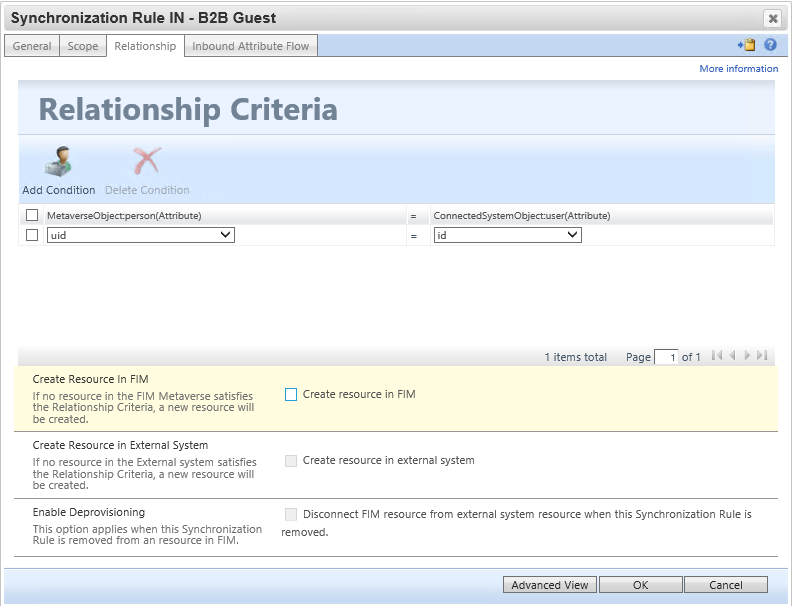 Cuplikan layar memperlihatkan tab Hubungan dan Kriteria Hubungan.