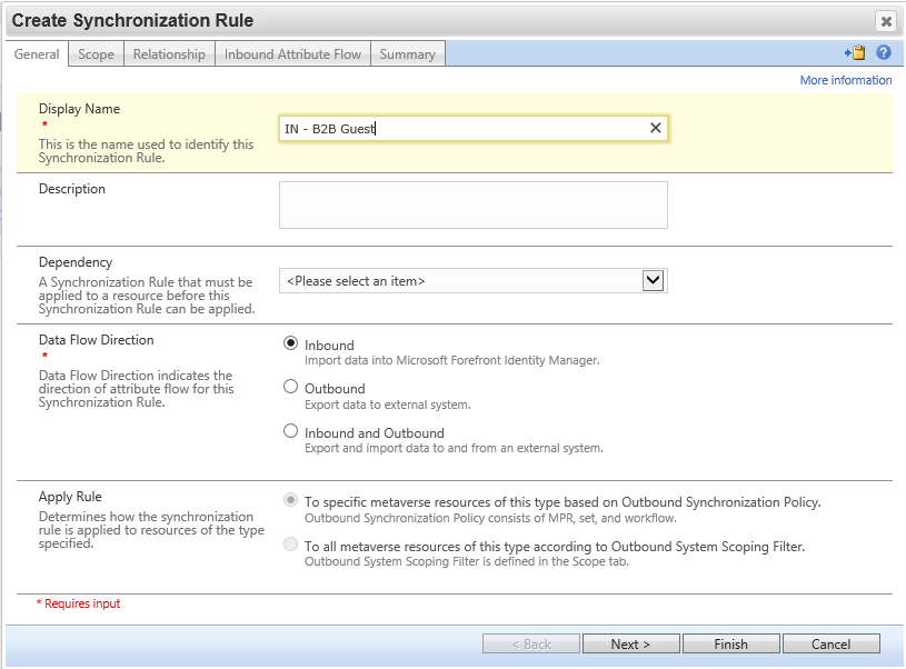 Cuplikan layar memperlihatkan tab Umum pada layar Buat Aturan Sinkronisasi dengan nama aturan sinkronisasi dimasukkan.