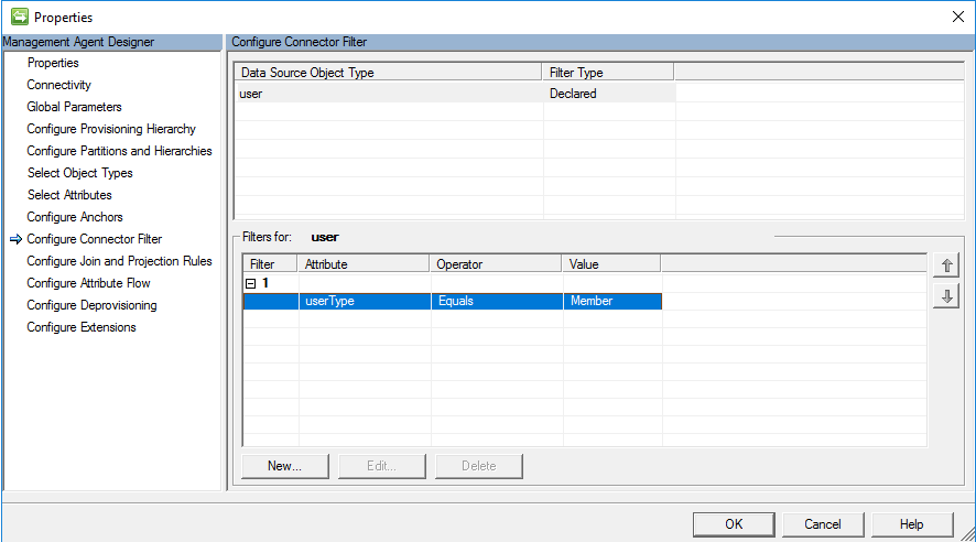 Cuplikan layar memperlihatkan halaman Konfigurasi Filter Konektor dengan filter untuk pengguna dipilih, dan tombol O K.