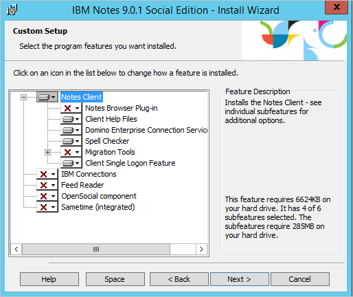 cuplikan layar penyiapan kustom wizard penginstalan IBM Notes