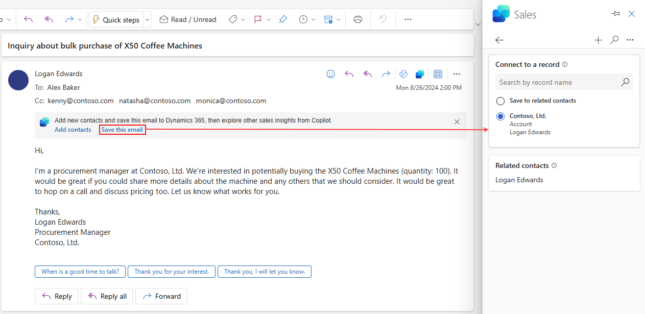 Screenshot of an email with a quick CRM actions banner message and the Sales side pane.