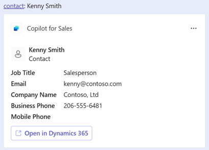 Cuplikan layar memperlihatkan kartu tautkan kontak Copilot for Sales.