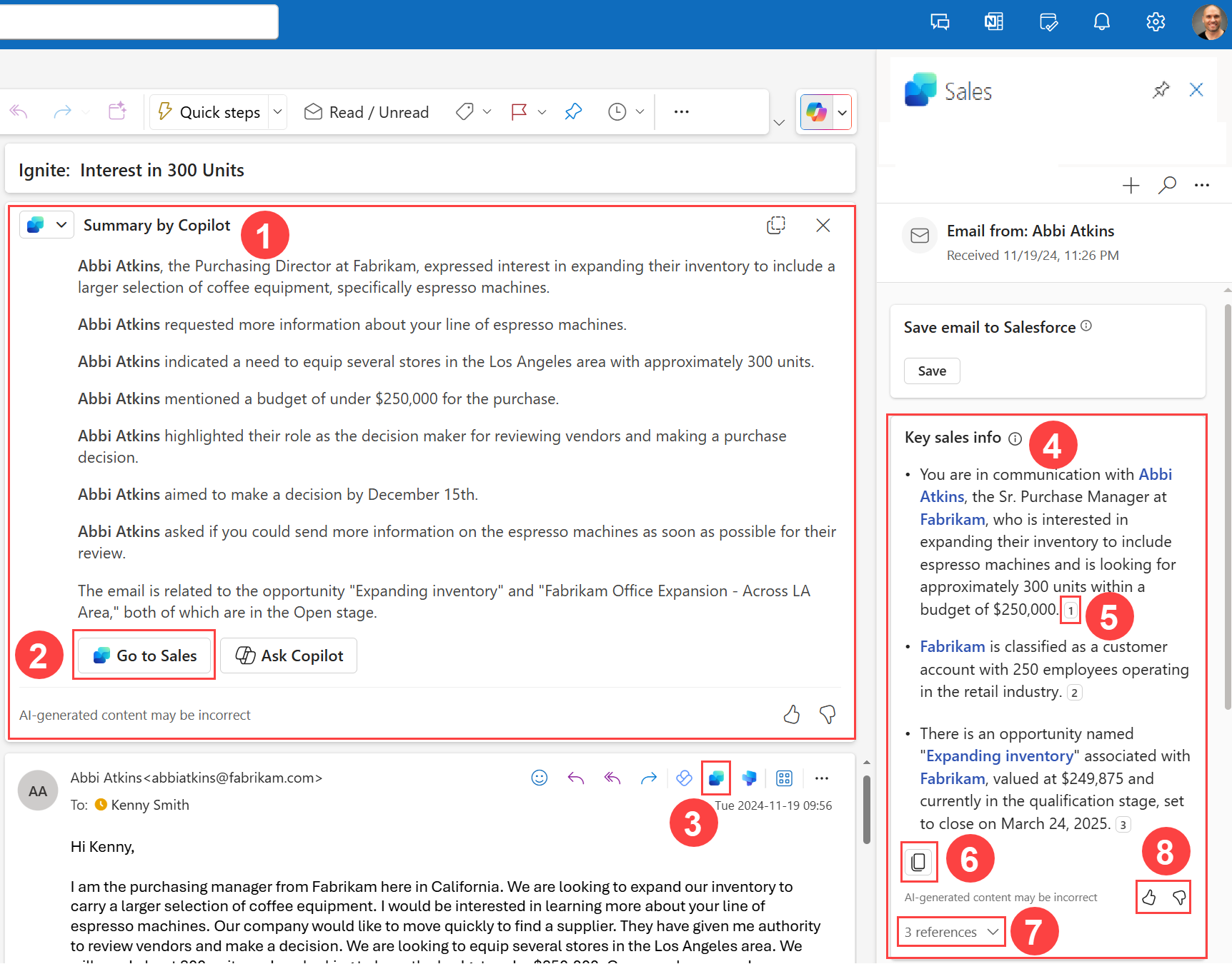 Tangkapan layar ringkasan email di Outlook di web, dengan info bernomor.