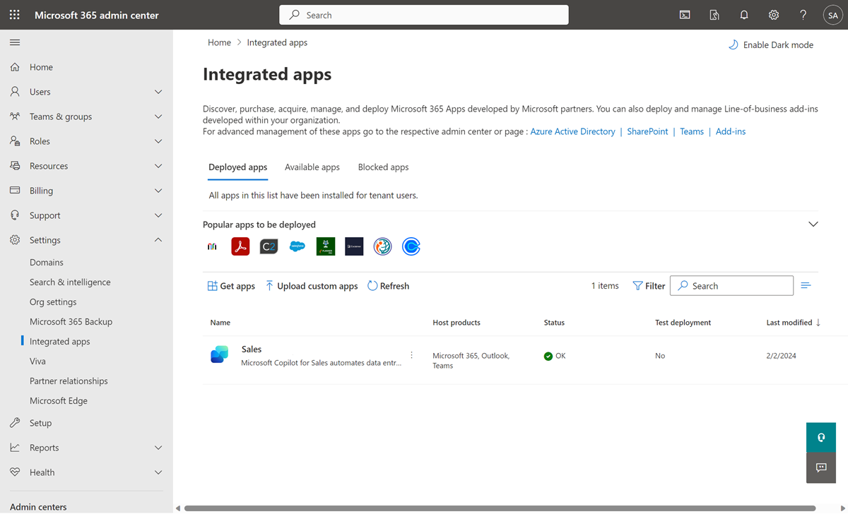 Cuplikan layar yang menunjukkan agen Penjualan yang diinstal sebagai add-in untuk Outlook.