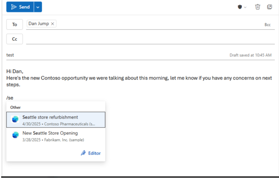 Screenshot showing the Sales agent search in Outlook.