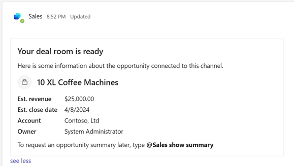 Tangkapan layar ringkasan peluang di saluran ruang kesepakatan saat fitur Copilot AI dinonaktifkan.