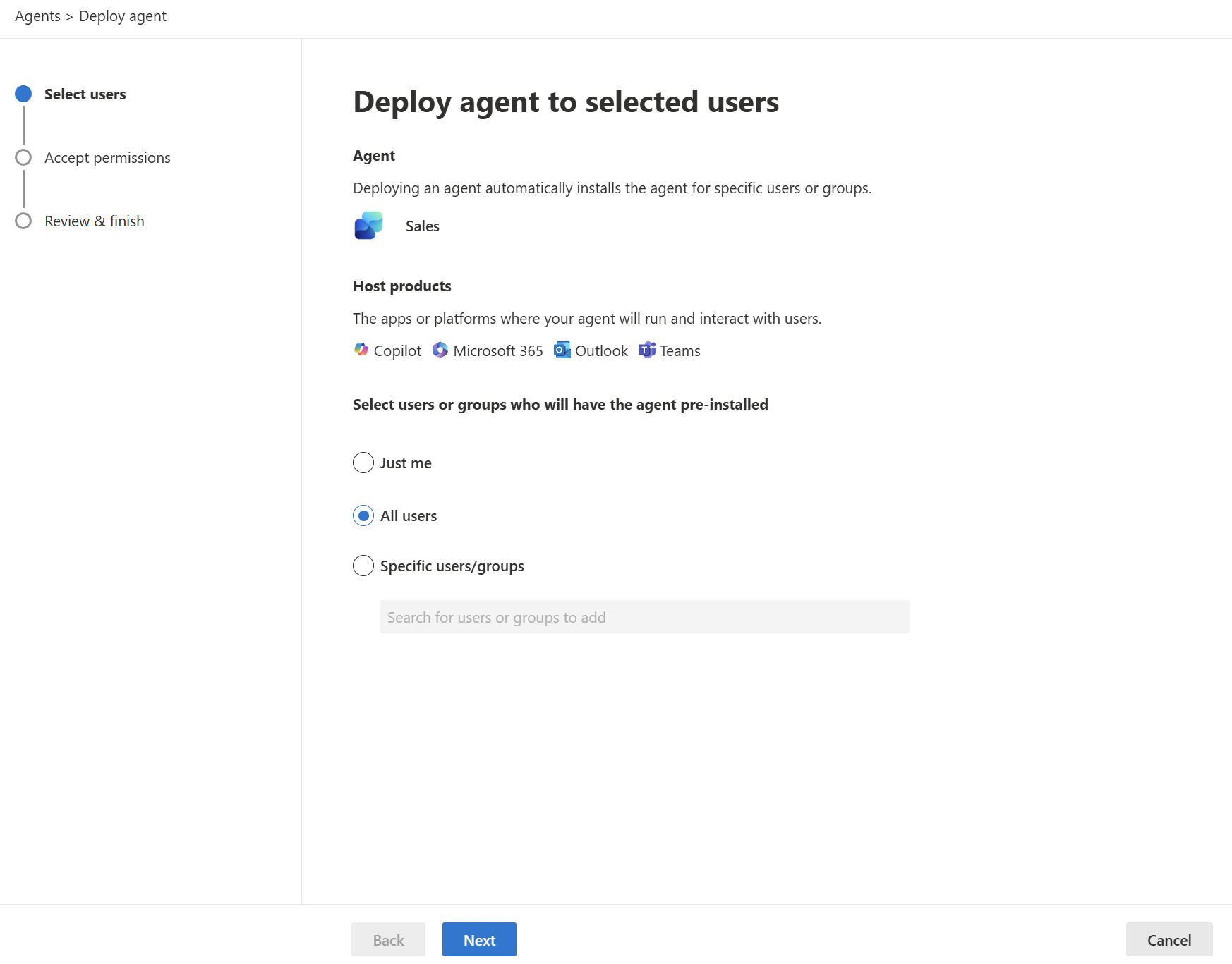 Tangkapan layar langkah Pilih pengguna dalam proses penyebaran agen penjualan.