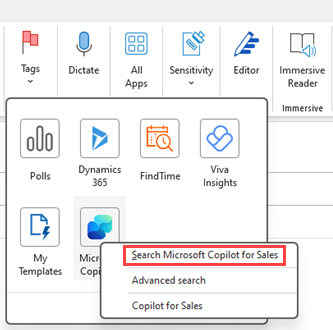 Cuplikan layar memperlihatkan opsi pencarian di aplikasi Copilot for Sales di Outlook klasik.