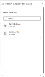 Cuplikan layar memperlihatkan panel pencarian untuk aplikasi Copilot for Sales di Outlook klasik.