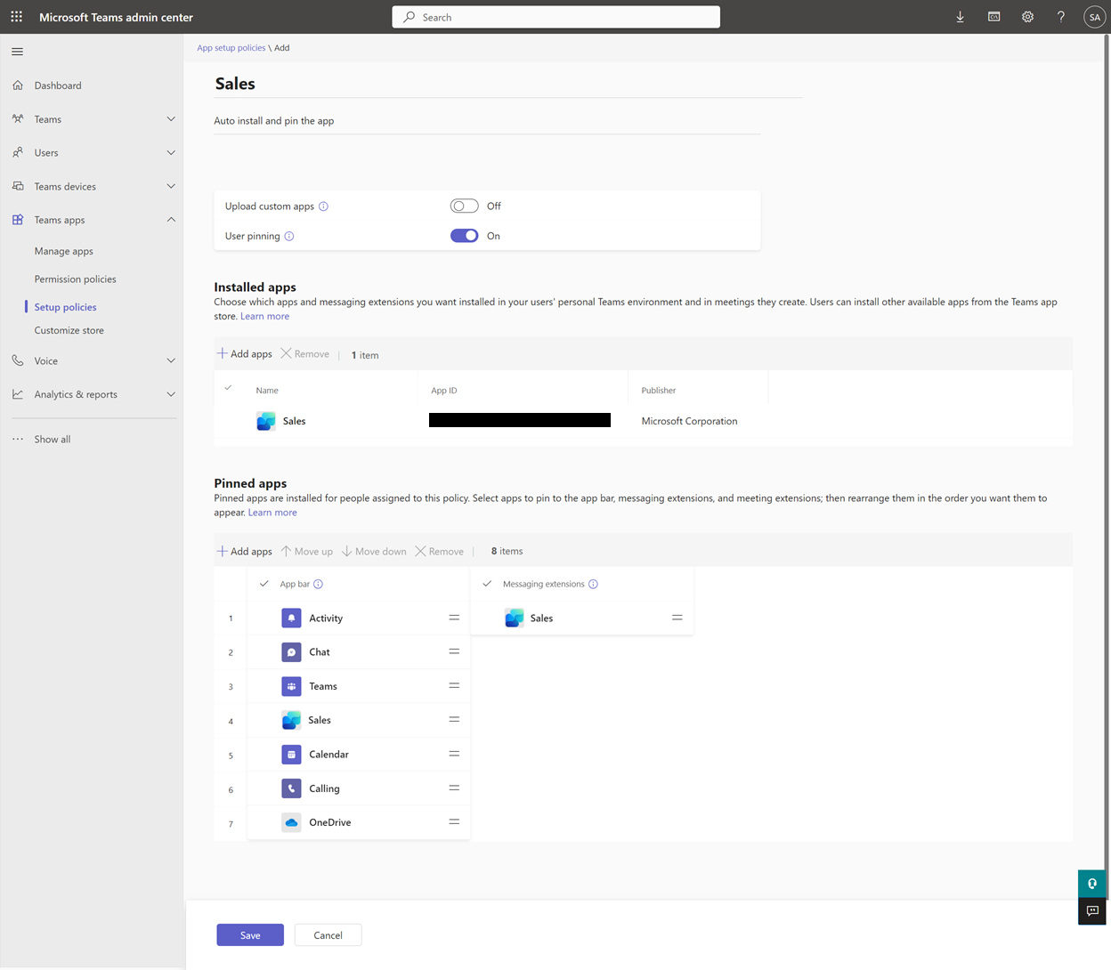 Screenshot yang menunjukkan kebijakan Teams.