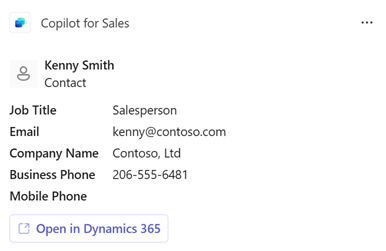 Cuplikan layar memperlihatkan kartu kontak Copilot for Sales.