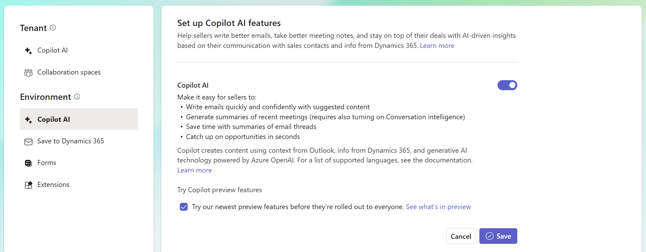 Tangkapan layar pengaturan agen penjualan untuk lingkungan.