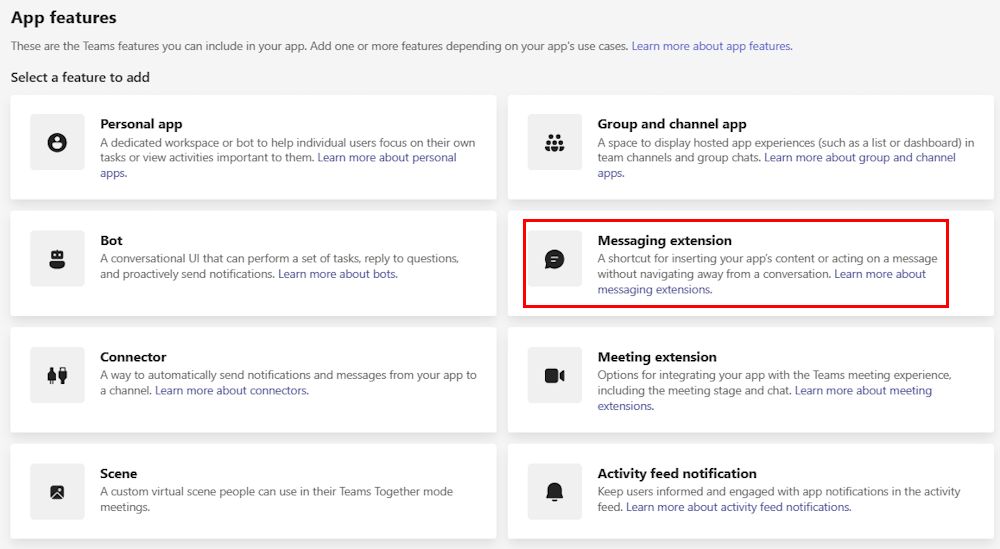 Screenshot shows the messaging extension option in Teams Developer Portal.