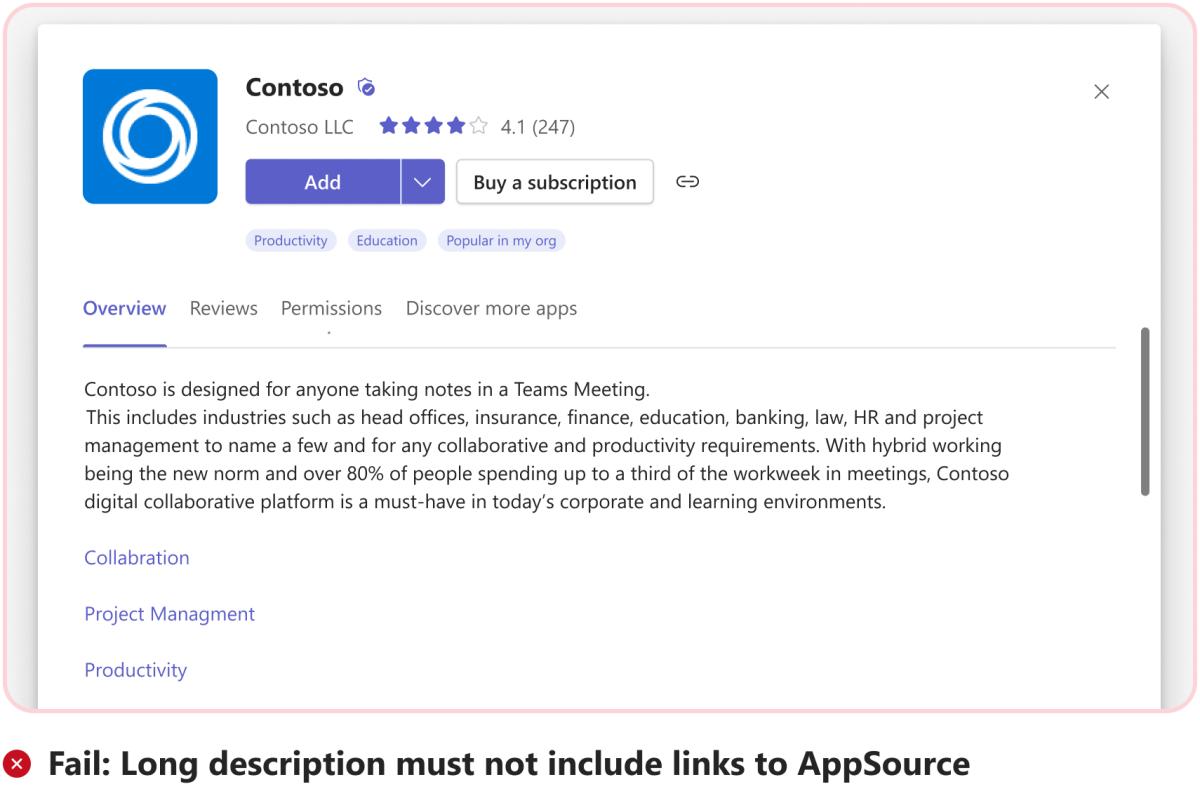 Graphic shows an example of a fail scenario with links to AppSource in app long description.