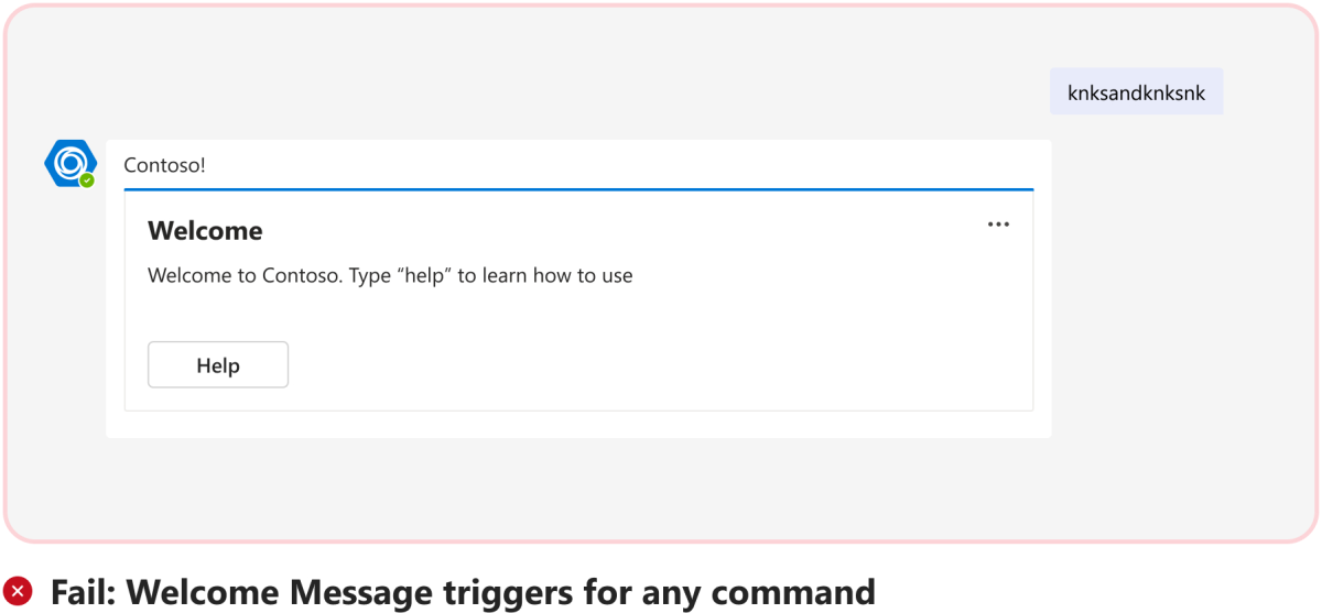 Graphic shows an example for bot triggering a welcome message for any command.
