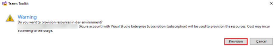 Screenshot shows the option to select provision in the prompted Teams Toolkit warning.