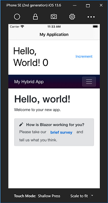 Halo Dunia aplikasi hibrid yang berjalan di Simulator iOS