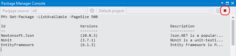 Cuplikan layar yang memperlihatkan kontrol stop Package Manager Console.