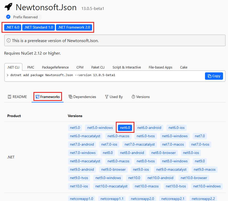 Screenshot of the Frameworks UI and tab on the package page at nuget.org.