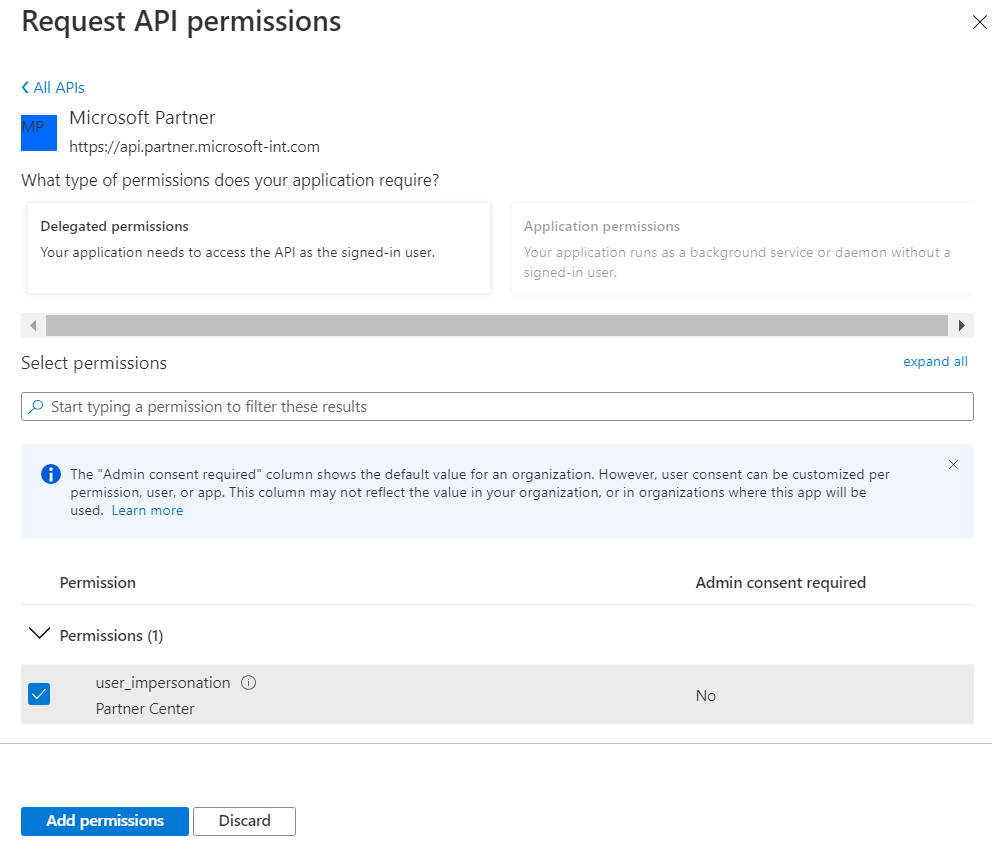 Cuplikan layar memperlihatkan layar izin API dengan Mitra Microsoft dipilih.