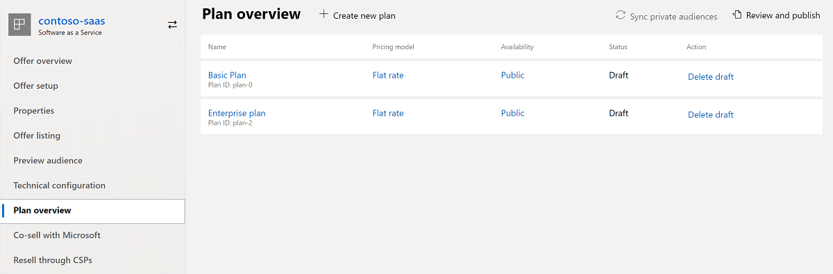 Illustrates the Plan overview page in Partner Center. Two plans are shown.