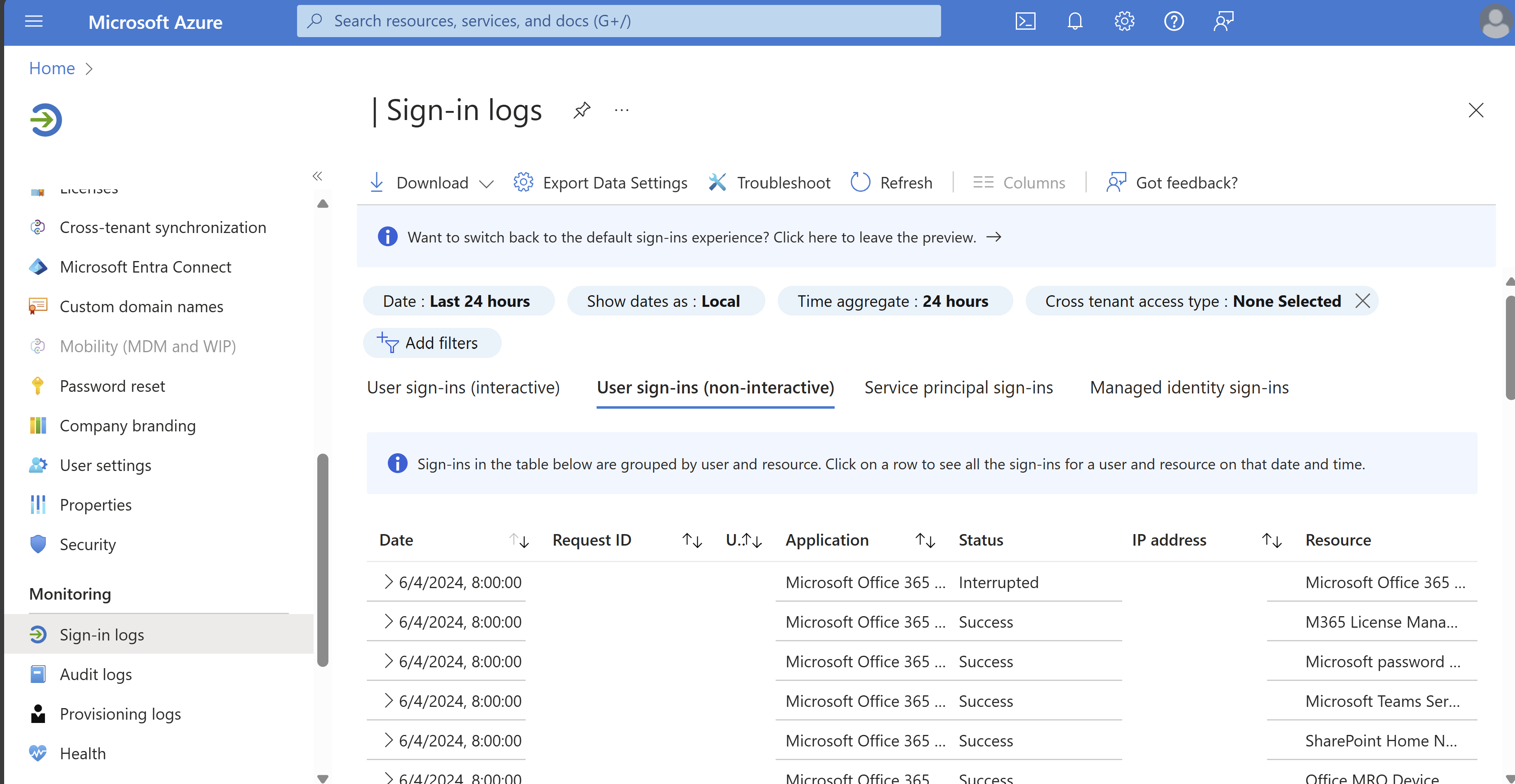 Cuplikan layar pusat admin Microsoft Entra, menambahkan filter Jenis akses lintas penyewa:Penyedia layanan pada rincian masuk Pengguna.