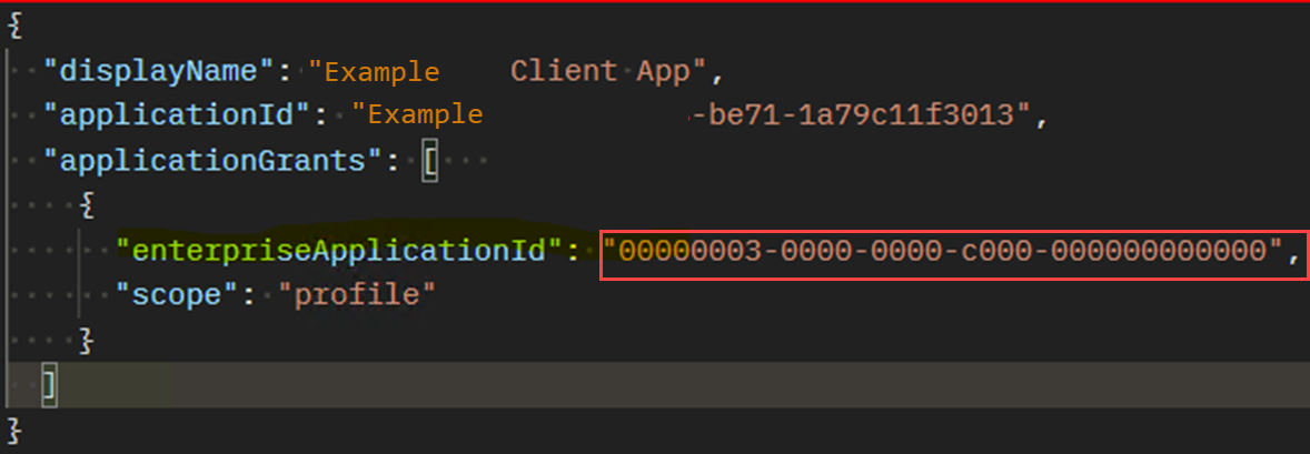 Cuplikan layar permintaan yang benar, di mana enterpriseApplicationId menggunakan GUID.