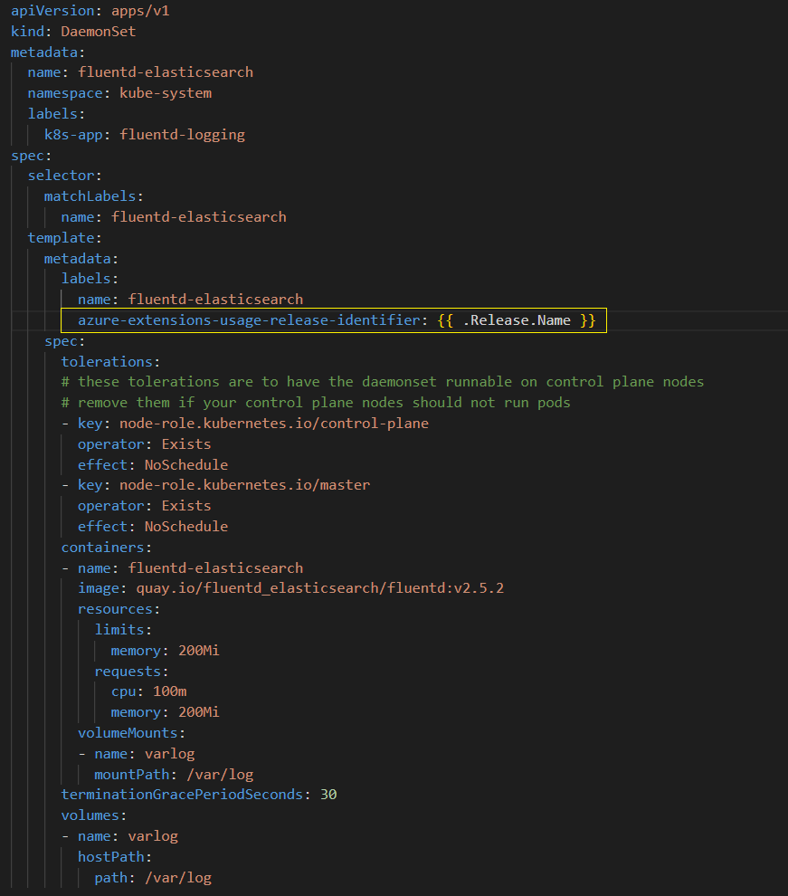 Cuplikan layar permintaan sumber daya CPU dalam file daemonsets.yaml. Konten menyerupan sampel file daemonsets.yaml yang ditautkan dalam artikel ini.