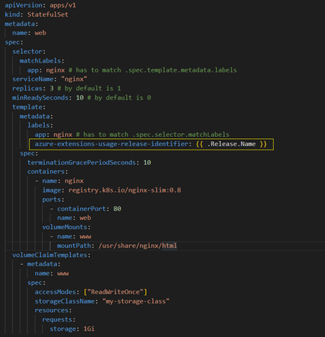 Cuplikan layar label pengidentifikasi penagihan yang diformat dengan benar dalam file statefulsets.yaml. Konten menyerupan sampel file statefulsets.yaml yang ditautkan dalam artikel ini.