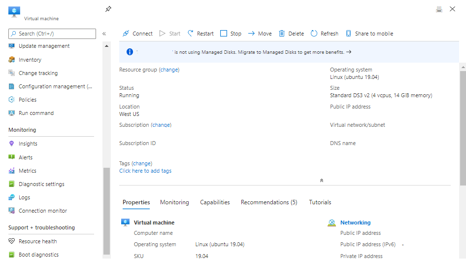 Cuplikan layar portal Microsoft Azure dengan opsi 'Jalankan Perintah' di panel kiri.