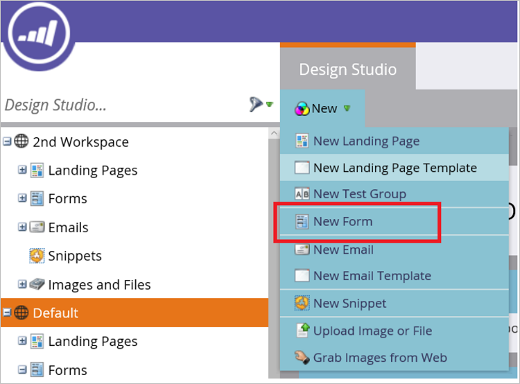 Cuplikan layar memperlihatkan Formulir Baru Marketo Design Studio.