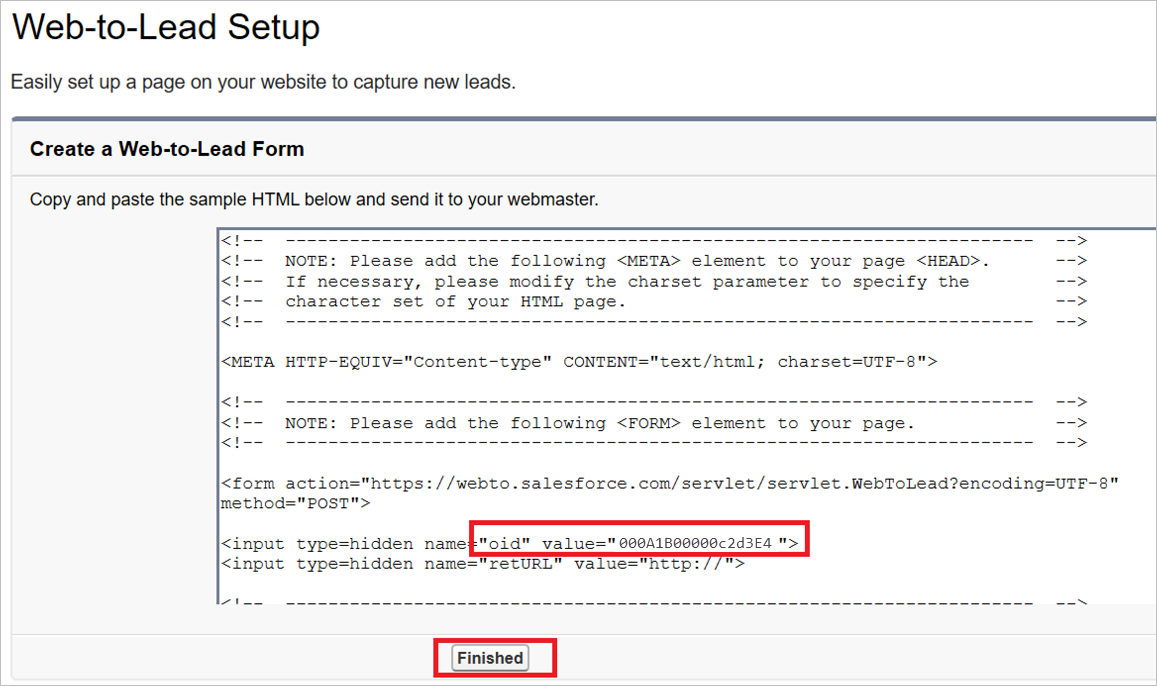 Salesforce Buat Formulir Web-ke-Prospek yang memperlihatkan nilai oid HTML.