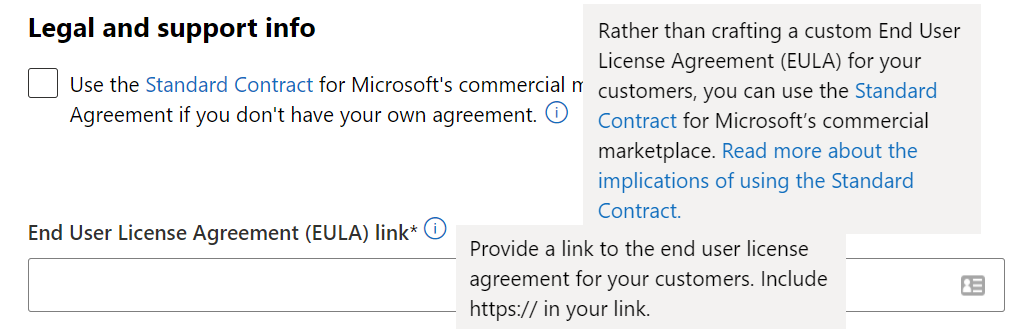 Ilustrasikan kotak centang Gunakan Kontrak Standar untuk marketplace komersial Microsoft.