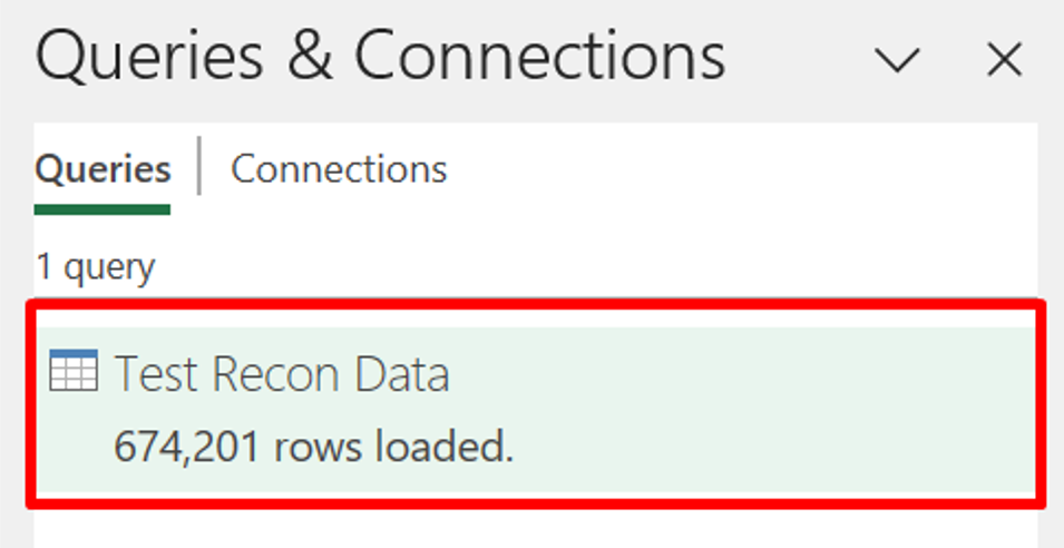 Cuplikan layar jendela Kueri & Koneksi, dengan sampel laporan yang disebut Test Recon Data disorot.