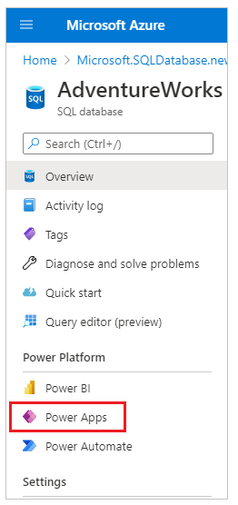 Pilihan Power Apps dalam pilihan Database SQL.