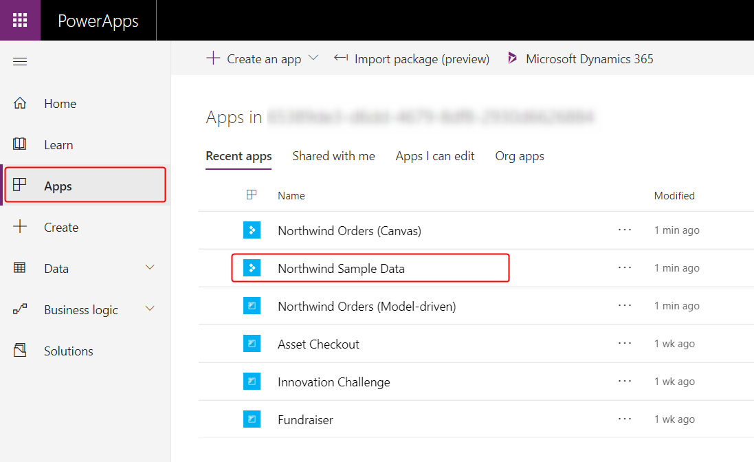 Database Northwind dalam daftar aplikasi.