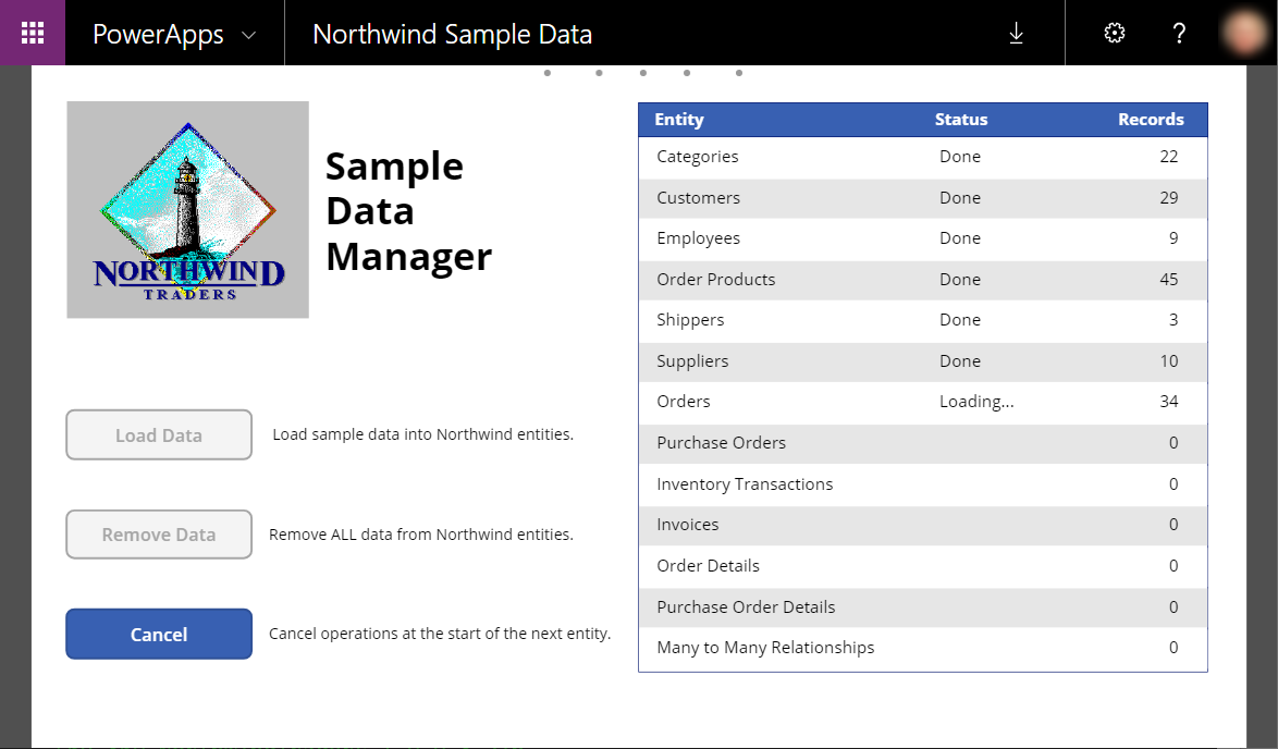 Sample Data Manager selagi data sedang dimuat.