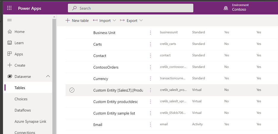 Portal pembuat dengan tabel virtual yang dipilih