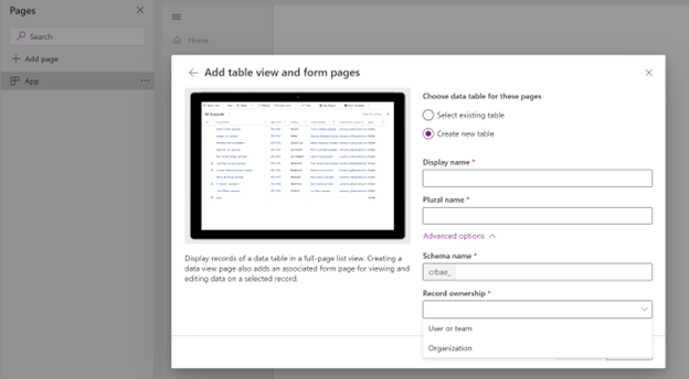 Membuat tabel untuk halaman dalam desainer aplikasi