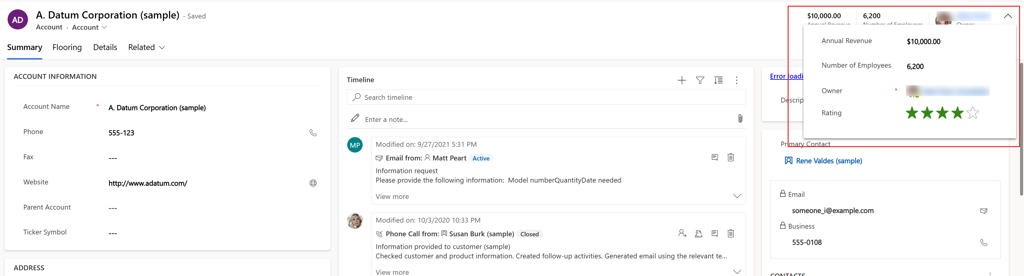 Flyout header formulir untuk formulir utama akun yang menampilkan kontrol yang tidak dapat dilihat dari header formulir.