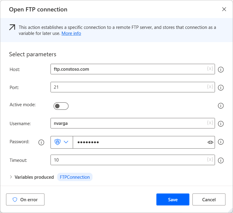 Cuplikan layar tindakan Buka koneksi FTP.