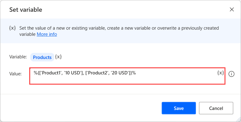 Cuplikan layar tindakan Tetapkan variabel yang membuat datatable.