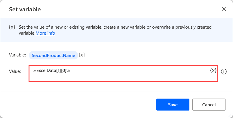 Cuplikan layar ekspresi yang mengakses sel kedua baris pertama dari file Excel yang sudah dibaca.